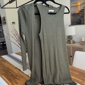 Olive green Ribbed Knit Dress and Cardigan Set